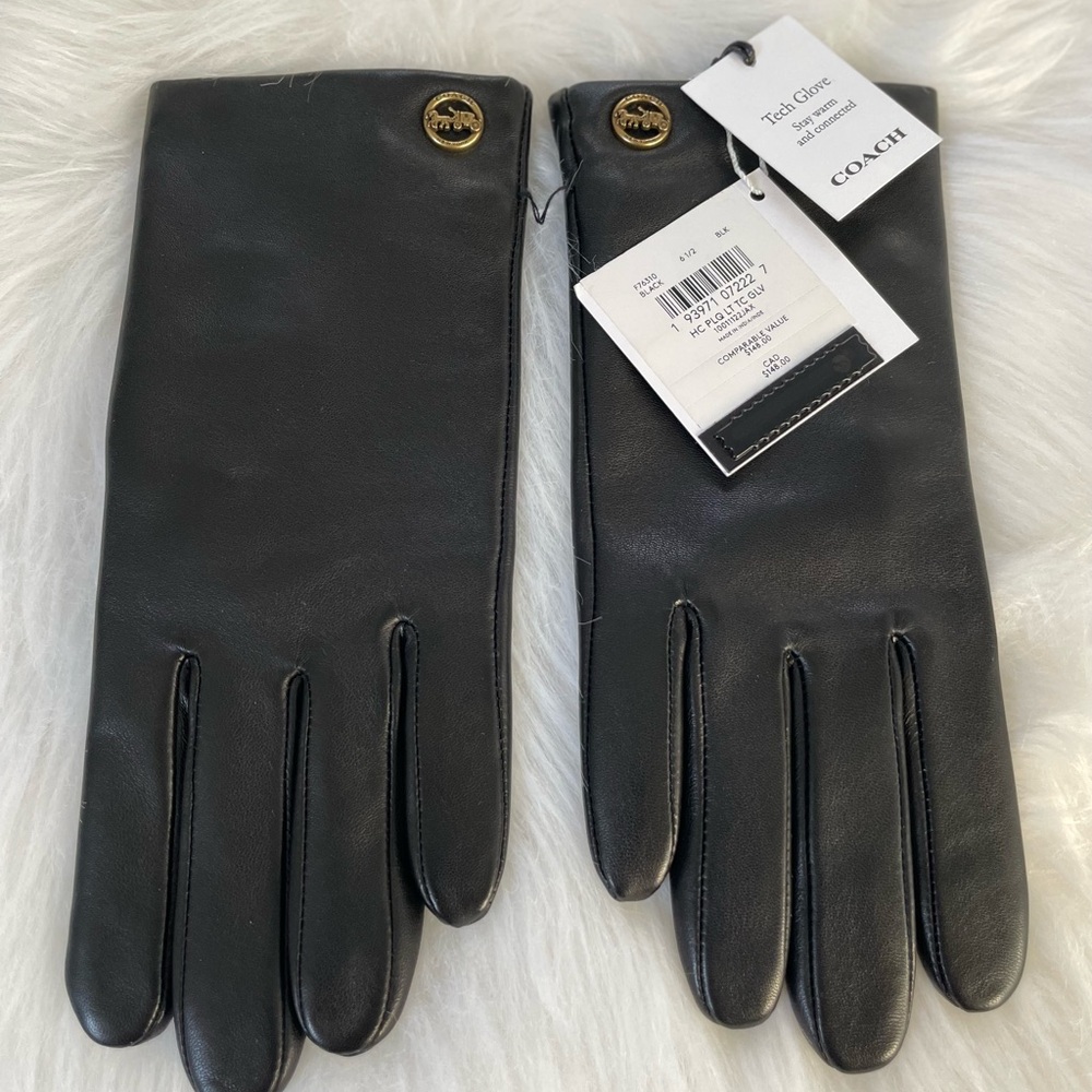 New Authentic Coach Black Leather Tech Gloves with Gold Accents